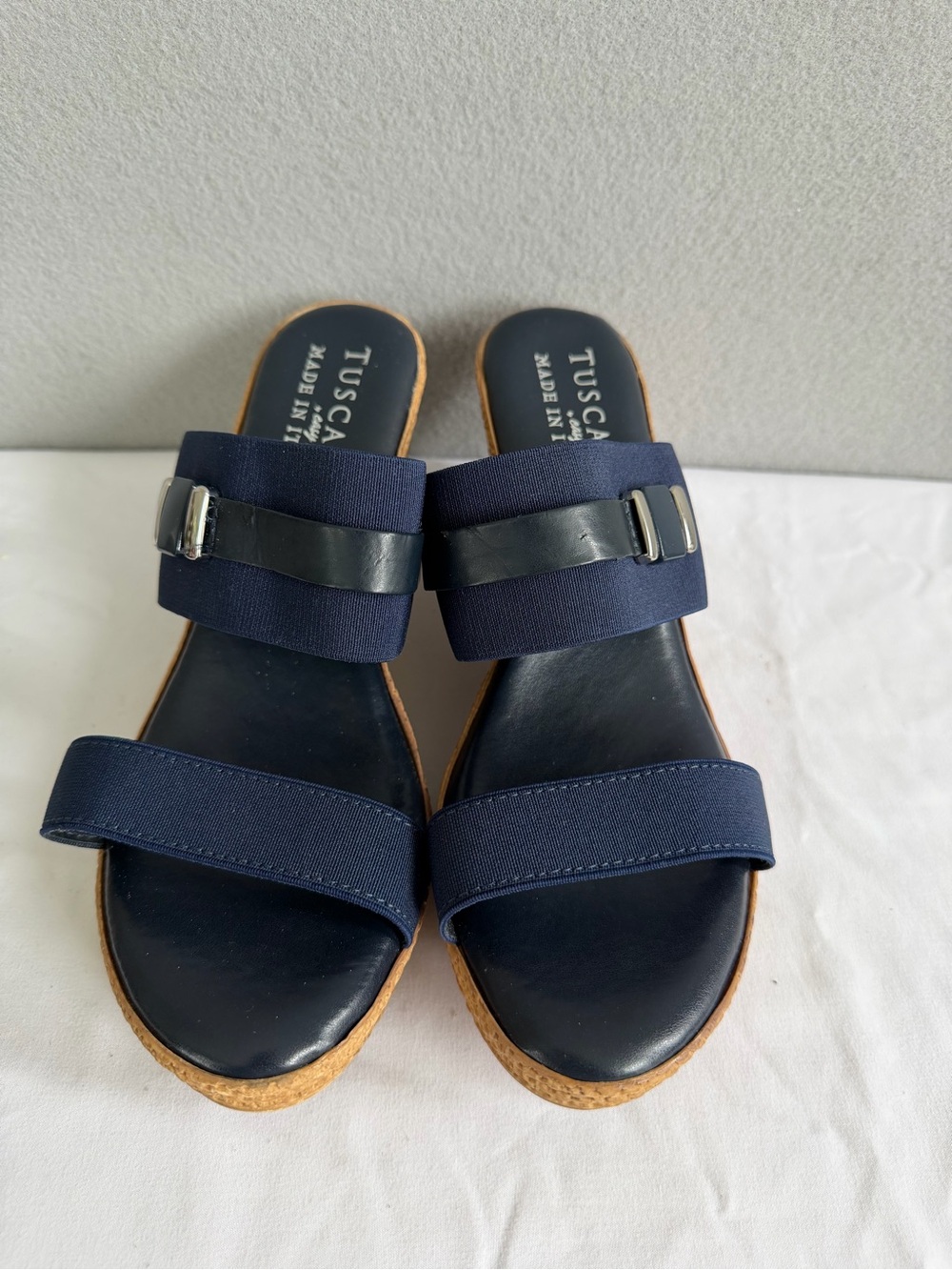 Tuscany Easy Street Wedge Slide Sandals Women’s s8.5WW Navy/Tan Slip On Buckle